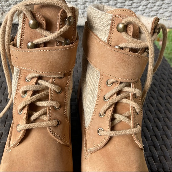 Trader Bay High Tan ankle boot leather fabric lace up buckle chunky heel flat - Picture 8 of 14